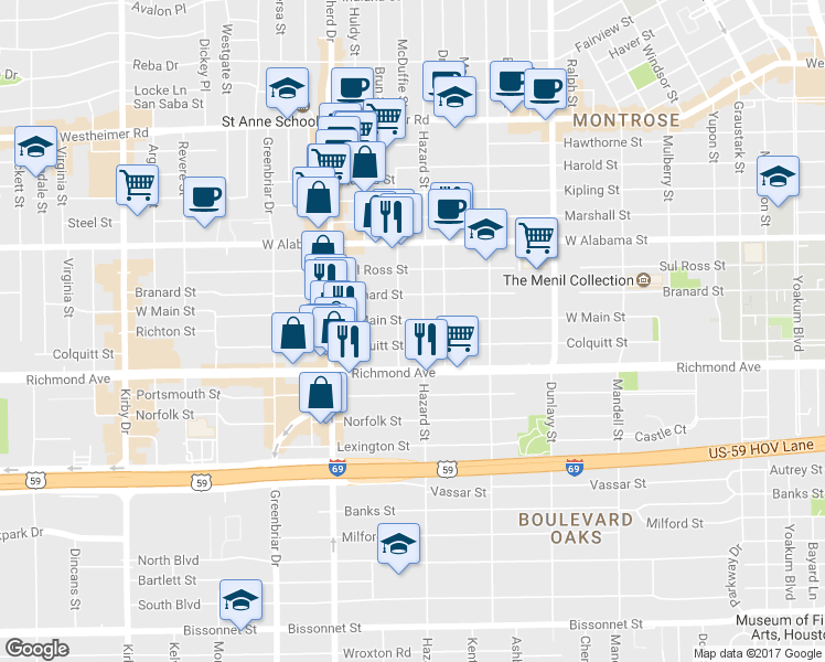 map of restaurants, bars, coffee shops, grocery stores, and more near 1912 West Main Street in Houston