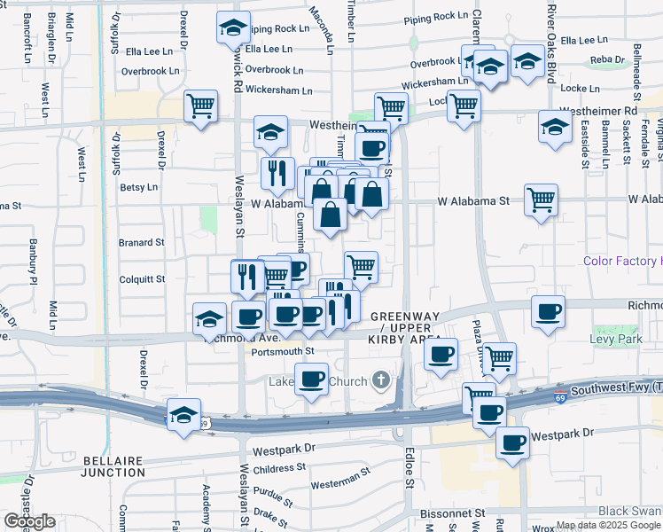 map of restaurants, bars, coffee shops, grocery stores, and more near 3100 Timmons Lane in Houston