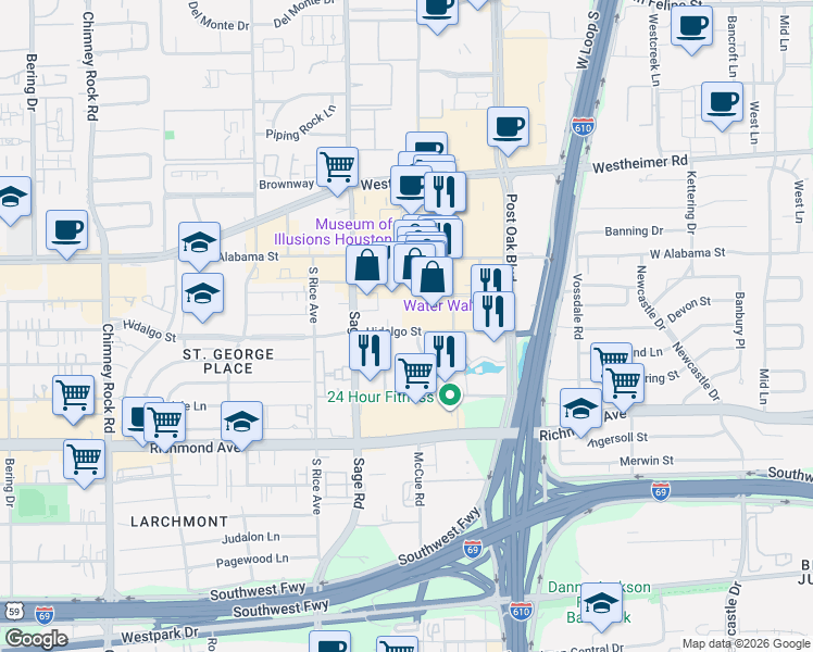 map of restaurants, bars, coffee shops, grocery stores, and more near 5192 Hidalgo Street in Houston