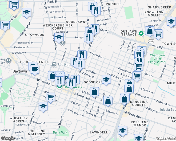 map of restaurants, bars, coffee shops, grocery stores, and more near 22 East Jack Avenue in Baytown