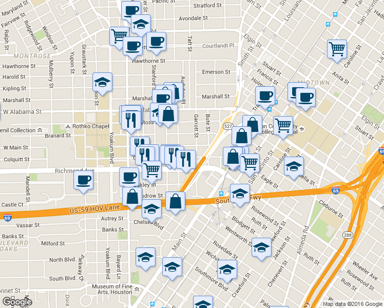 map of restaurants, bars, coffee shops, grocery stores, and more near 515 West Main Street in Houston
