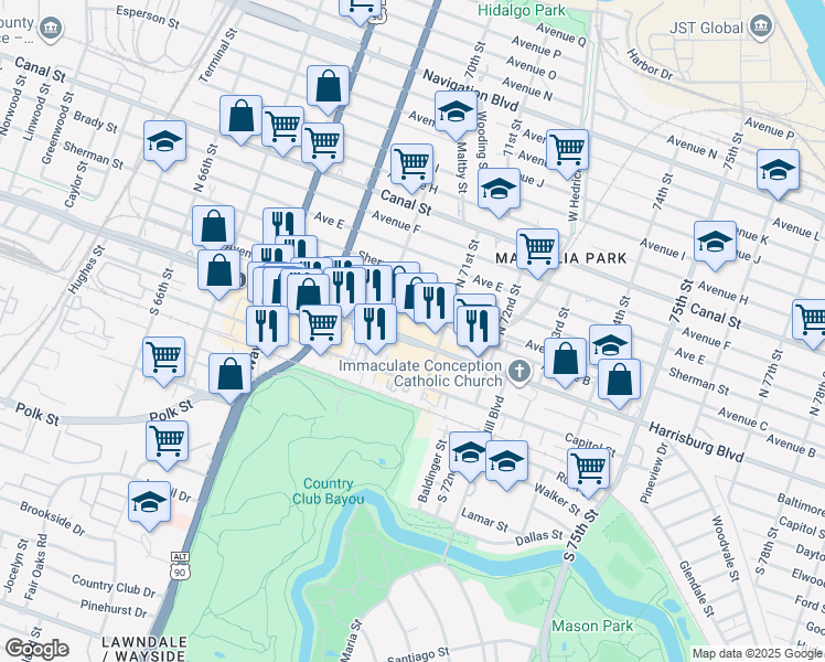 map of restaurants, bars, coffee shops, grocery stores, and more near 7003 Harrisburg Boulevard in Houston