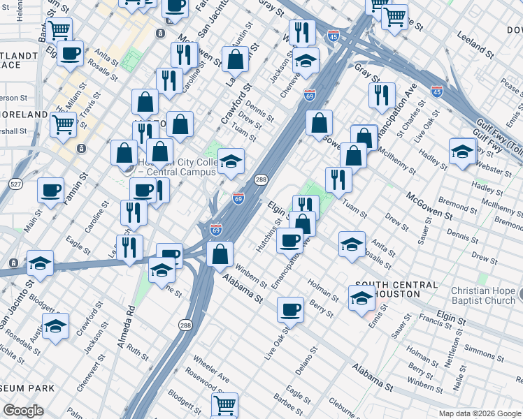 map of restaurants, bars, coffee shops, grocery stores, and more near 2012 Elgin Street in Houston