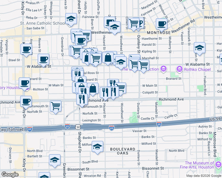 map of restaurants, bars, coffee shops, grocery stores, and more near 1836 West Main Street in Houston
