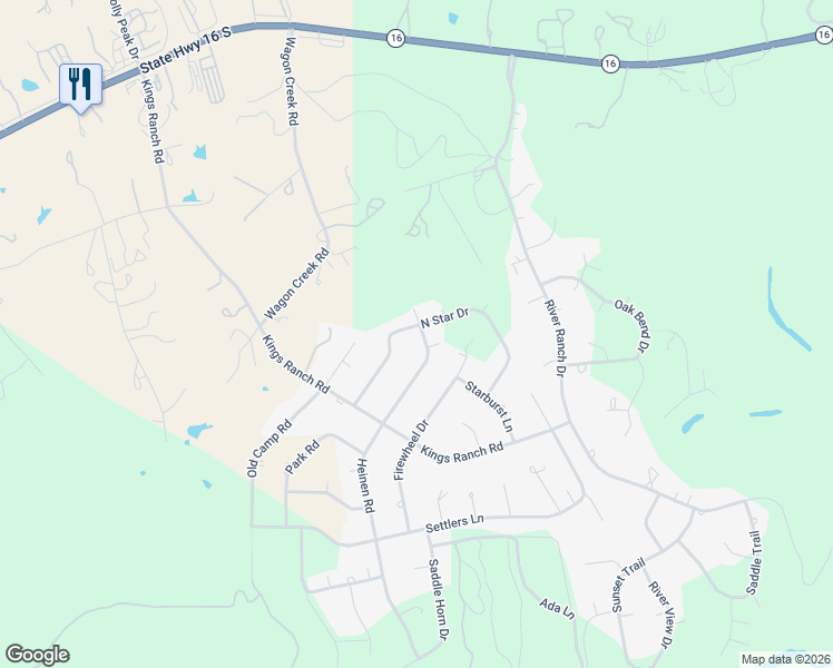 map of restaurants, bars, coffee shops, grocery stores, and more near 377 North Star Drive in Bandera