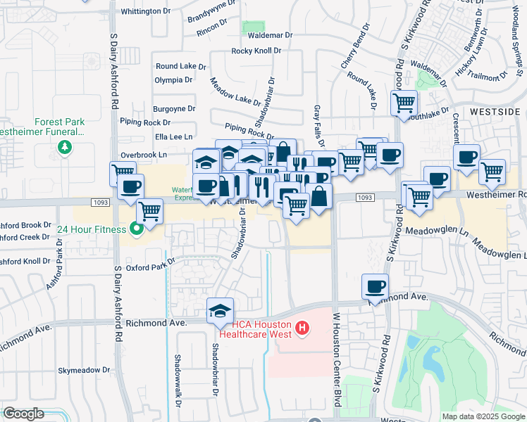 map of restaurants, bars, coffee shops, grocery stores, and more near 12225 Westheimer Road in Houston