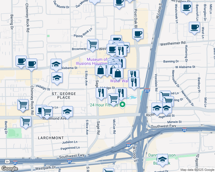 map of restaurants, bars, coffee shops, grocery stores, and more near 5192 Hidalgo Street in Houston