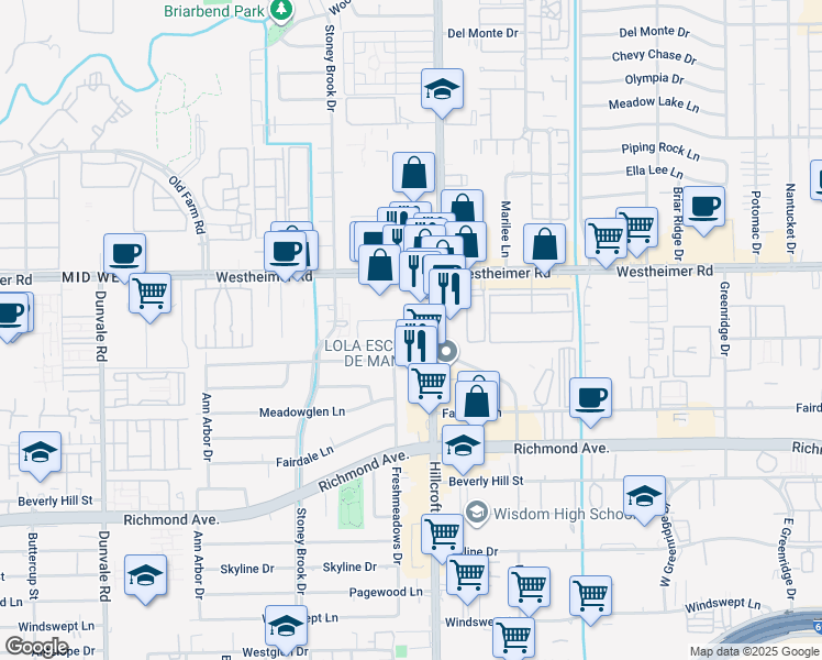 map of restaurants, bars, coffee shops, grocery stores, and more near 7600 Highmeadow Drive in Houston