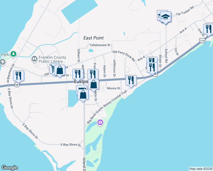 map of restaurants, bars, coffee shops, grocery stores, and more near 281 Varnes Street in Eastpoint