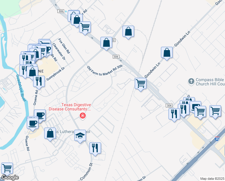 map of restaurants, bars, coffee shops, grocery stores, and more near 2056 Sundance Parkway in New Braunfels