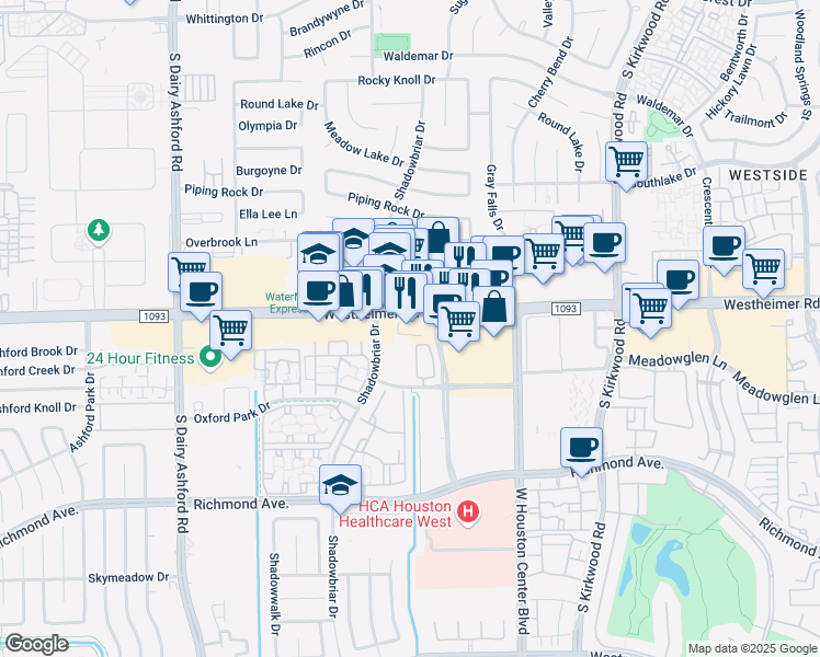 map of restaurants, bars, coffee shops, grocery stores, and more near 12225 Westheimer Road in Houston