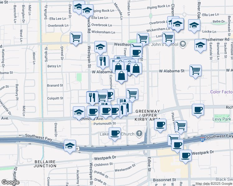 map of restaurants, bars, coffee shops, grocery stores, and more near 3100 Timmons Lane in Houston