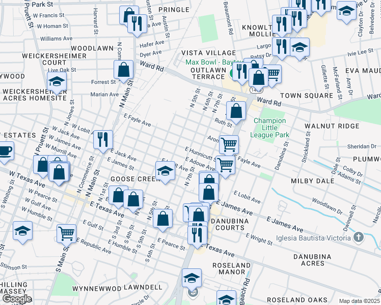 map of restaurants, bars, coffee shops, grocery stores, and more near 514 East Hunnicutt Street in Baytown
