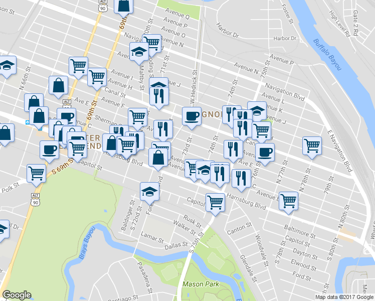 map of restaurants, bars, coffee shops, grocery stores, and more near 408 73rd Street in Houston