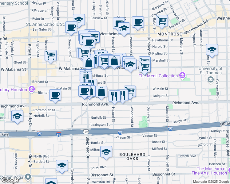 map of restaurants, bars, coffee shops, grocery stores, and more near 1912 West Main Street in Houston