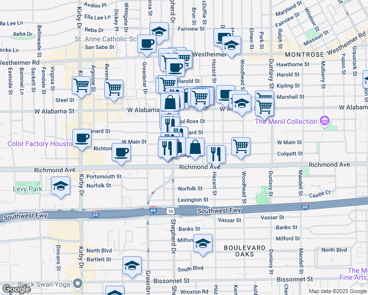 map of restaurants, bars, coffee shops, grocery stores, and more near 2023 West Main Street in Houston
