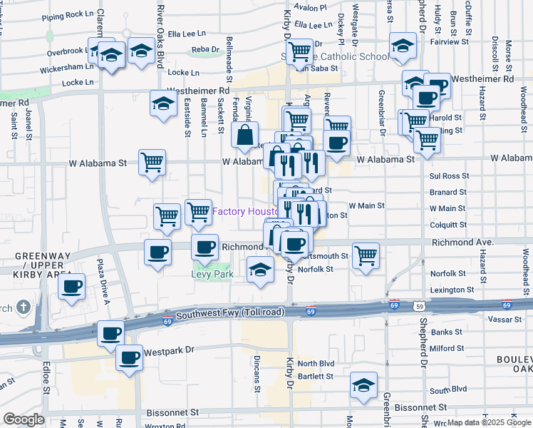 map of restaurants, bars, coffee shops, grocery stores, and more near 3200 Kirby Drive in Houston
