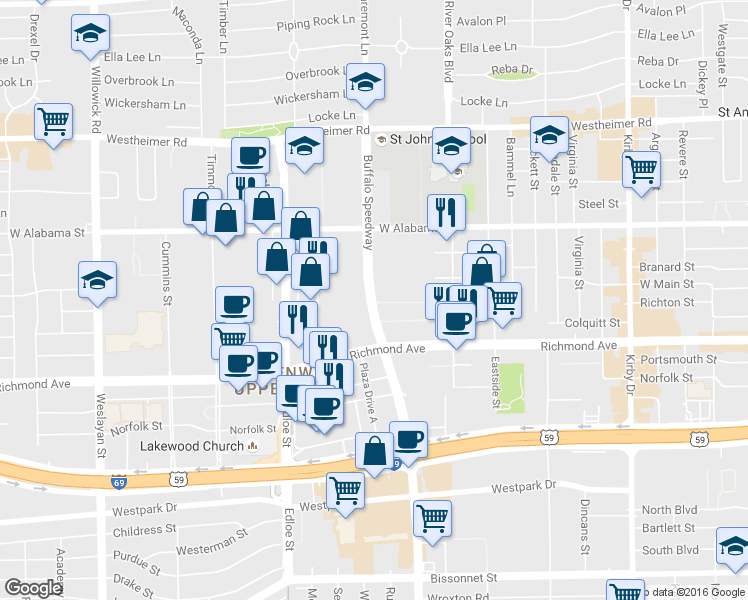 map of restaurants, bars, coffee shops, grocery stores, and more near 3120 Buffalo Speedway in Houston