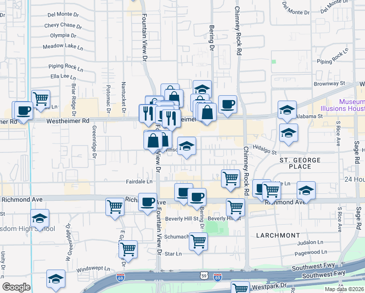 map of restaurants, bars, coffee shops, grocery stores, and more near 5902 Winsome Lane in Houston