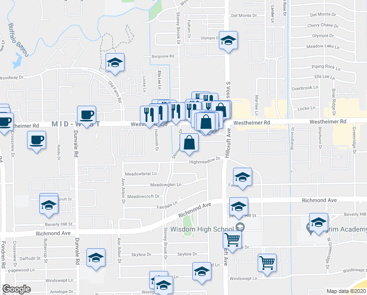 map of restaurants, bars, coffee shops, grocery stores, and more near 2808 Stoney Brook Drive in Houston