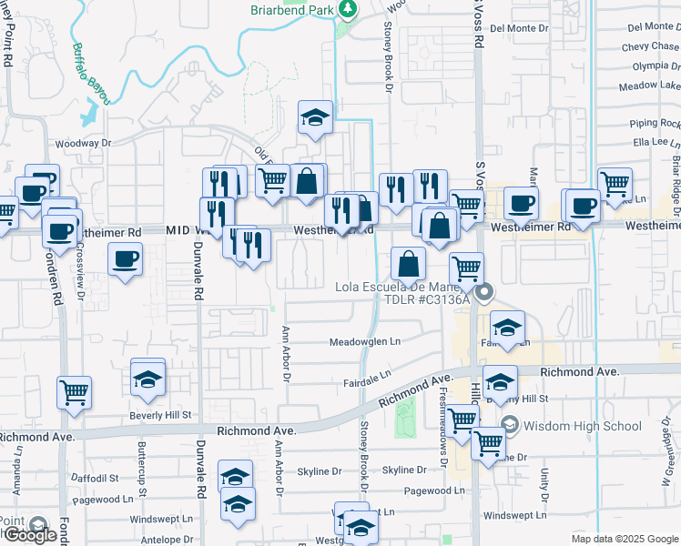 map of restaurants, bars, coffee shops, grocery stores, and more near 7939 Westheimer Road in Houston