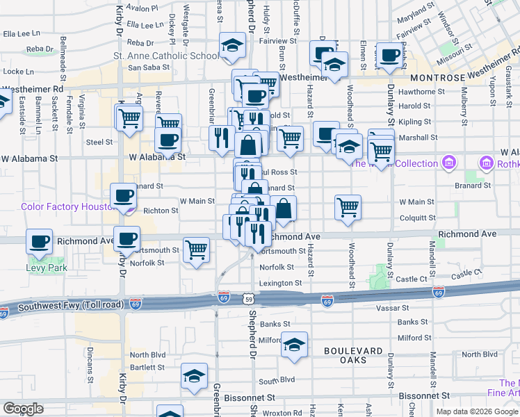 map of restaurants, bars, coffee shops, grocery stores, and more near 3311 South Shepherd Drive in Houston