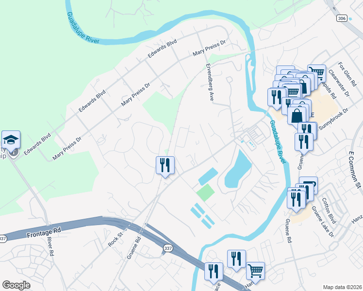 map of restaurants, bars, coffee shops, grocery stores, and more near 1656 Gruene Road in New Braunfels