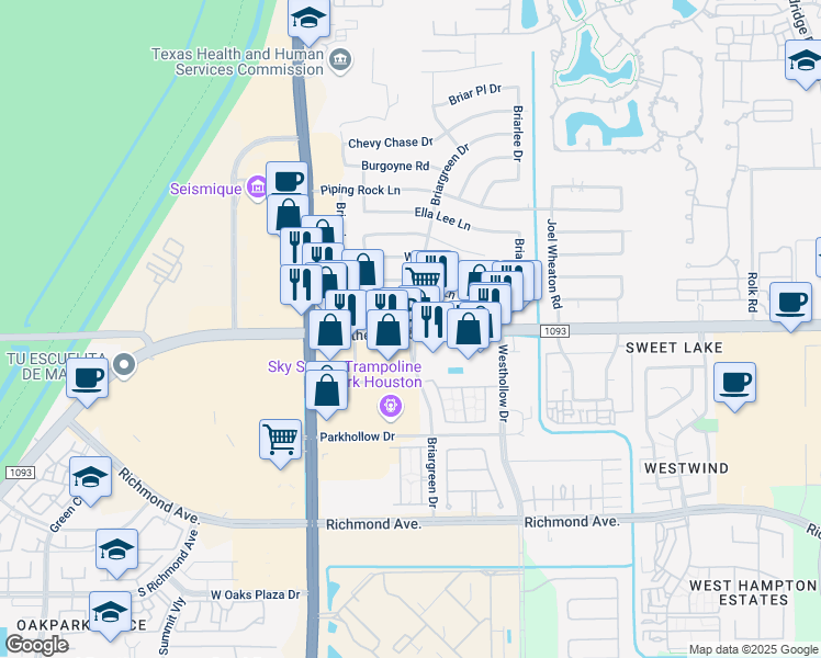 map of restaurants, bars, coffee shops, grocery stores, and more near Westheimer Rd & Briargreen Dr in Houston