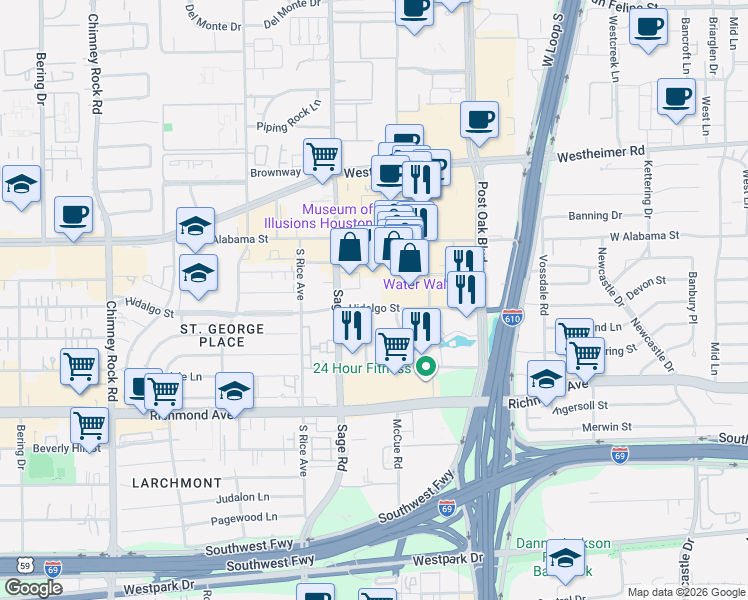 map of restaurants, bars, coffee shops, grocery stores, and more near 5192 Hidalgo Street in Houston