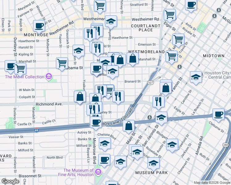 map of restaurants, bars, coffee shops, grocery stores, and more near 4106 Greeley Street in Houston