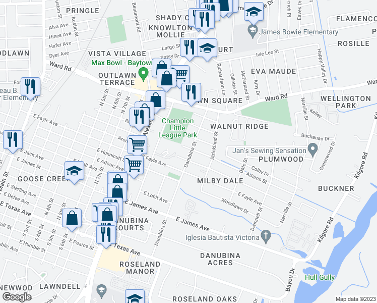 map of restaurants, bars, coffee shops, grocery stores, and more near 1207 Adams Street in Baytown