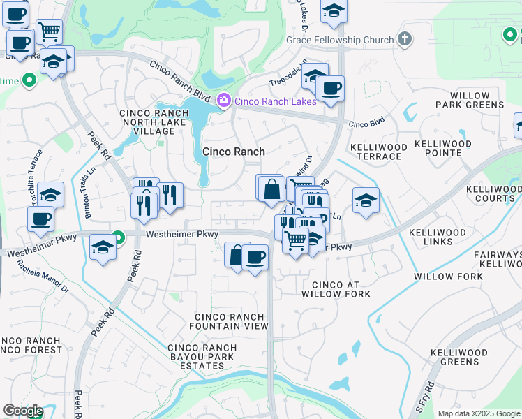 map of restaurants, bars, coffee shops, grocery stores, and more near 22400 Westheimer Parkway in Katy
