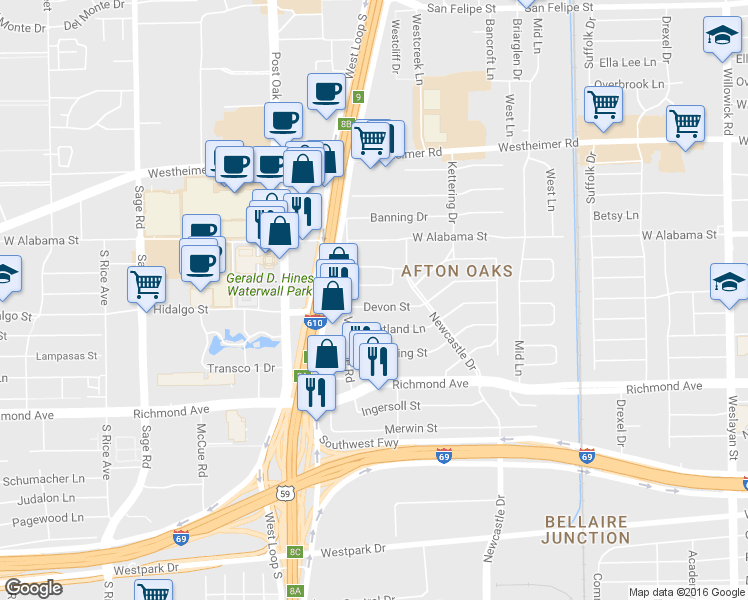map of restaurants, bars, coffee shops, grocery stores, and more near 4718 Devon St in Houston