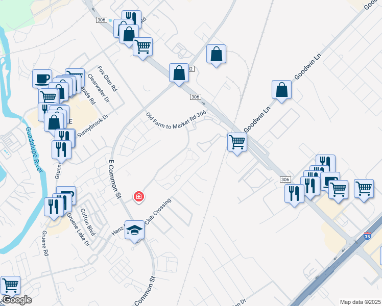 map of restaurants, bars, coffee shops, grocery stores, and more near 2056 Sundance Parkway in New Braunfels