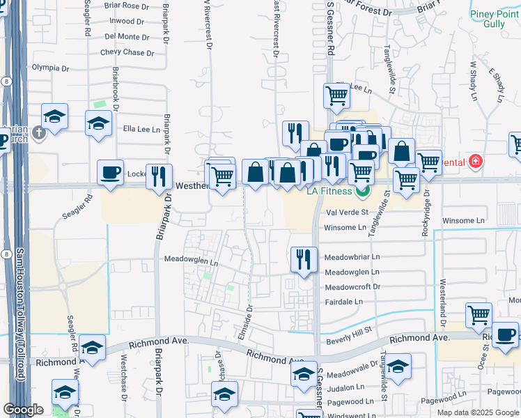 map of restaurants, bars, coffee shops, grocery stores, and more near 2727 Elmside Drive in Houston