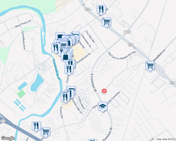 map of restaurants, bars, coffee shops, grocery stores, and more near 1207 Gruene Vintage in New Braunfels