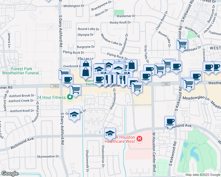 map of restaurants, bars, coffee shops, grocery stores, and more near in Houston