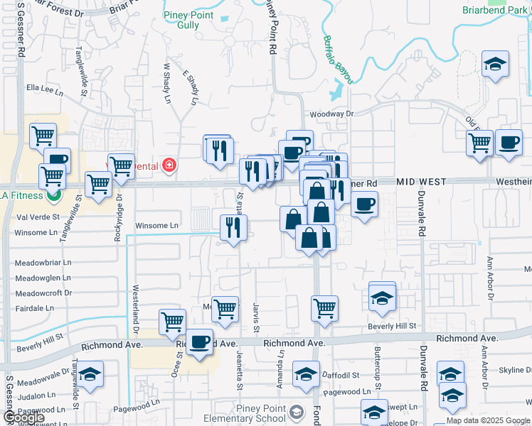 map of restaurants, bars, coffee shops, grocery stores, and more near 9000 Park West Drive in Houston