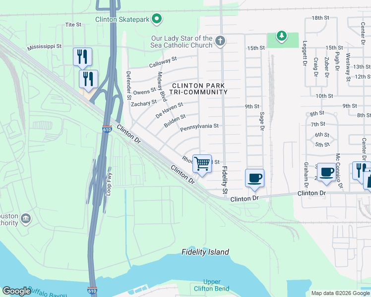map of restaurants, bars, coffee shops, grocery stores, and more near 114 Armstrong Street in Houston