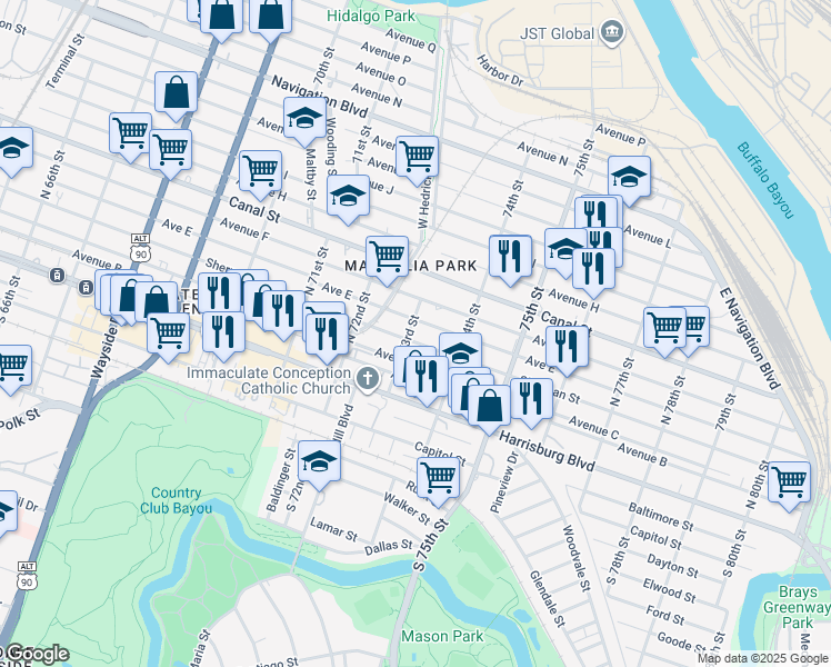 map of restaurants, bars, coffee shops, grocery stores, and more near 408 73rd Street in Houston