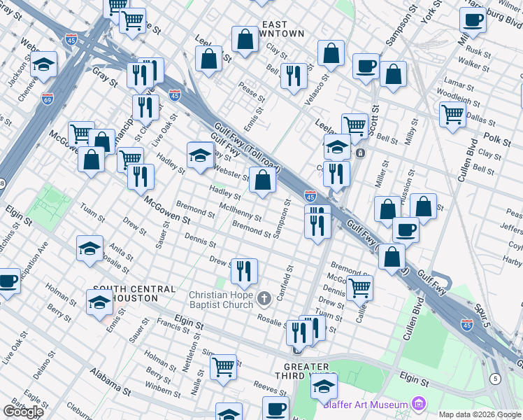 map of restaurants, bars, coffee shops, grocery stores, and more near 3232 Hadley Street in Houston
