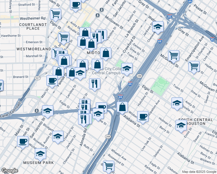 map of restaurants, bars, coffee shops, grocery stores, and more near 3507 Jackson Street in Houston