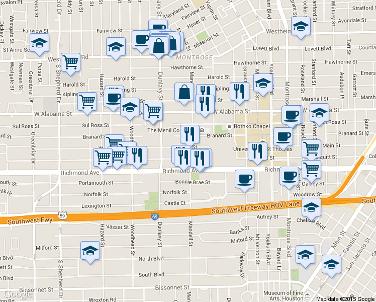 map of restaurants, bars, coffee shops, grocery stores, and more near 1615 West Main Street in Houston