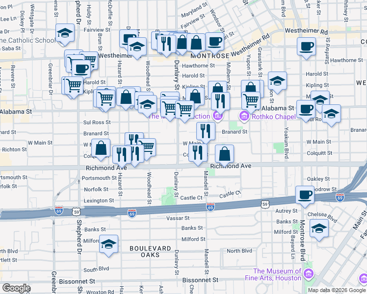 map of restaurants, bars, coffee shops, grocery stores, and more near 1649 West Main Street in Houston