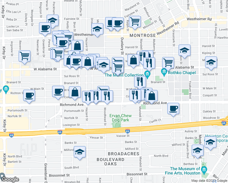 map of restaurants, bars, coffee shops, grocery stores, and more near 1726 West Main Street in Houston