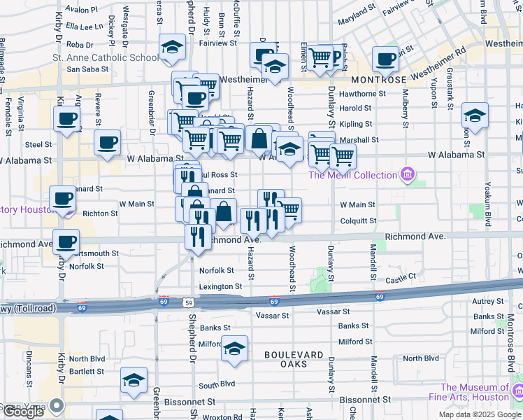 map of restaurants, bars, coffee shops, grocery stores, and more near 1836 West Main Street in Houston