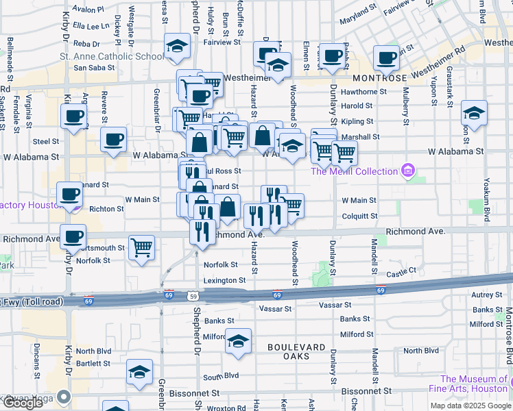 map of restaurants, bars, coffee shops, grocery stores, and more near 1912 West Main Street in Houston
