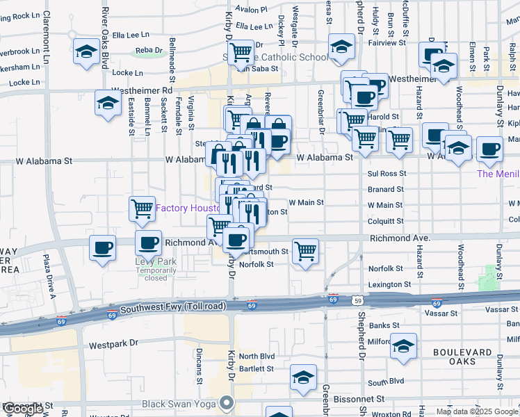 map of restaurants, bars, coffee shops, grocery stores, and more near 2401 West Main Street in Houston