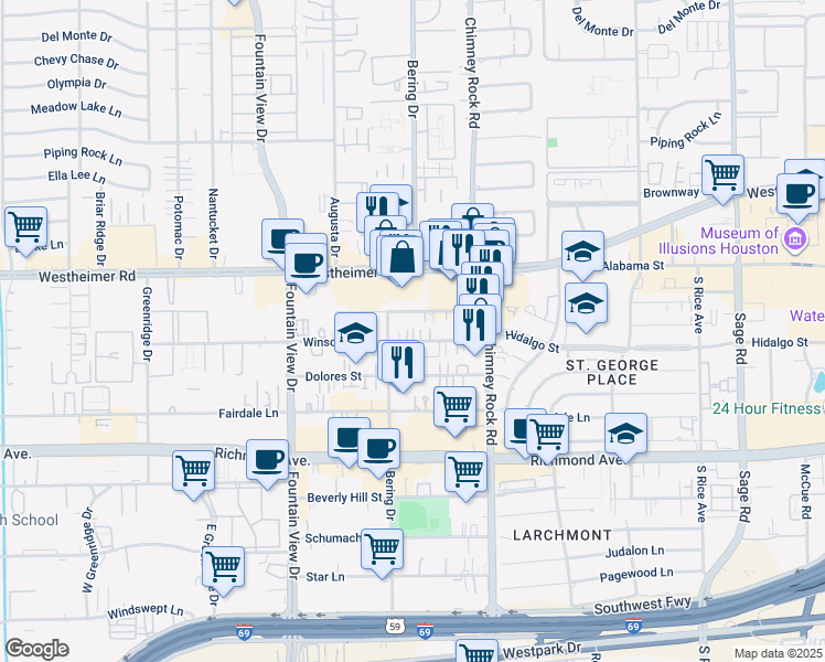 map of restaurants, bars, coffee shops, grocery stores, and more near 5713 Val Verde Street in Houston