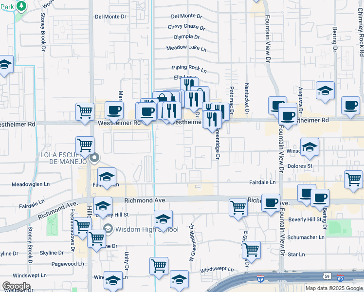 map of restaurants, bars, coffee shops, grocery stores, and more near 2822 Briarhurst Drive in Houston